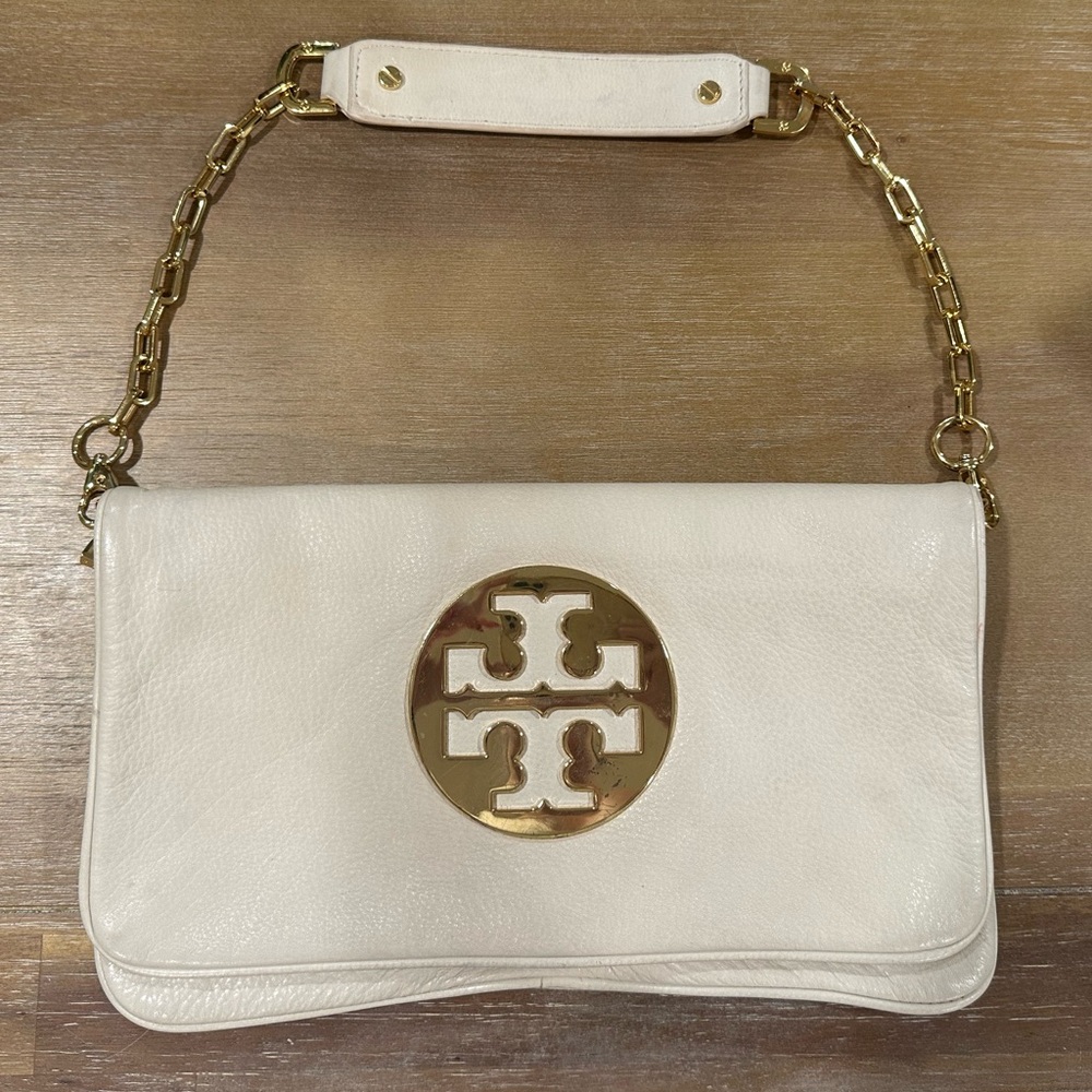 Tory Burch Reva White Leather (Rare Color) Clutch Purse Gold Emblem